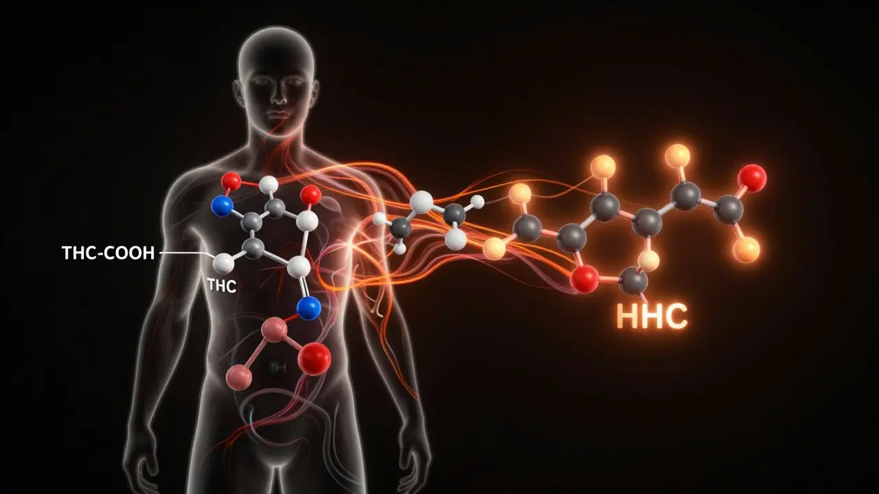 Silhouette mit chemischen Molekülen, die HHC und THC in identische Metaboliten umwandeln.