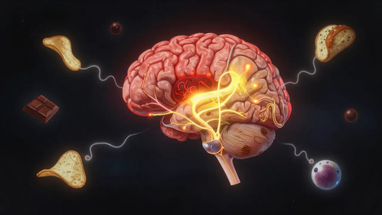 Surreale Darstellung eines Gehirns mit leuchtenden Bereichen für Hunger und Geruch, umgeben von Duftmolekülen in Form von Snacks.
