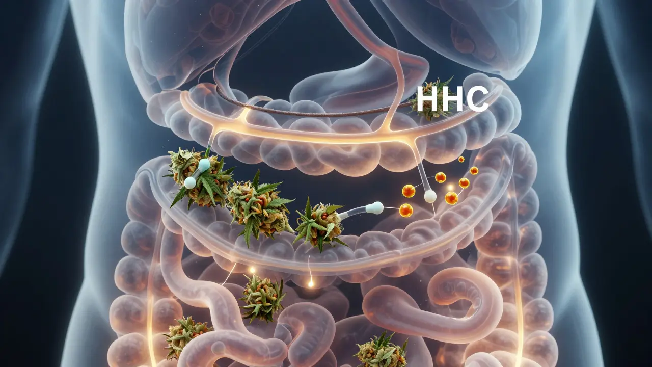 Transparenzdarstellung der HHC-Aufnahme im Körper nach Öl-Extraktion