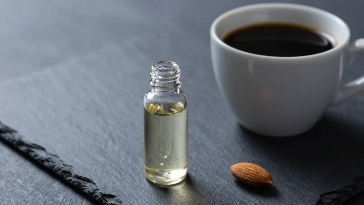 Tropfflasche mit Cannabis-Öl neben Kaffee und Mandel auf dunklem Stein.