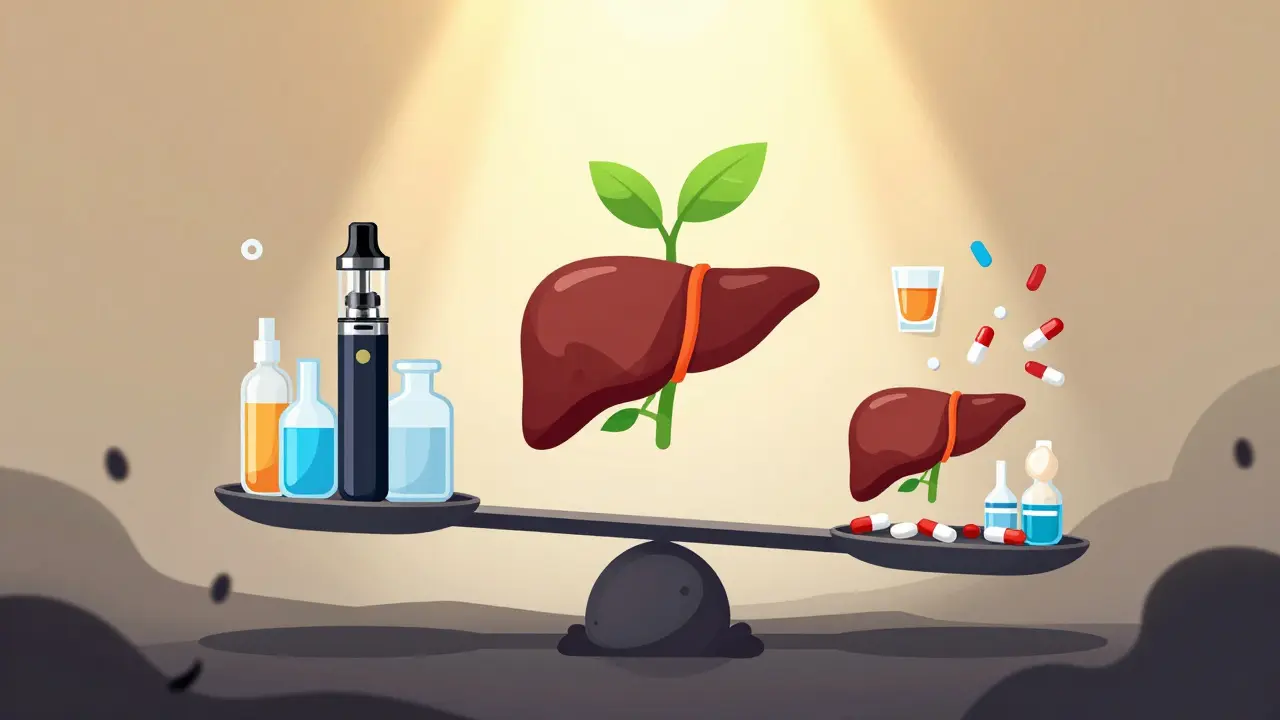 Waage mit CBD-Vape auf einer Seite und gesunder Leber mit Pflanzen auf der anderen, symbolische Darstellung.