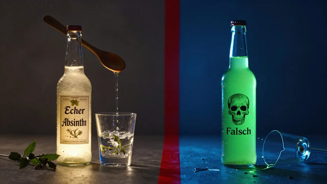 Zwei Absinth-Flaschen im Kontrast: echter mit Ritualzubereitung vs. künstlicher mit Warnsymbolen und gebrochenem Glas.