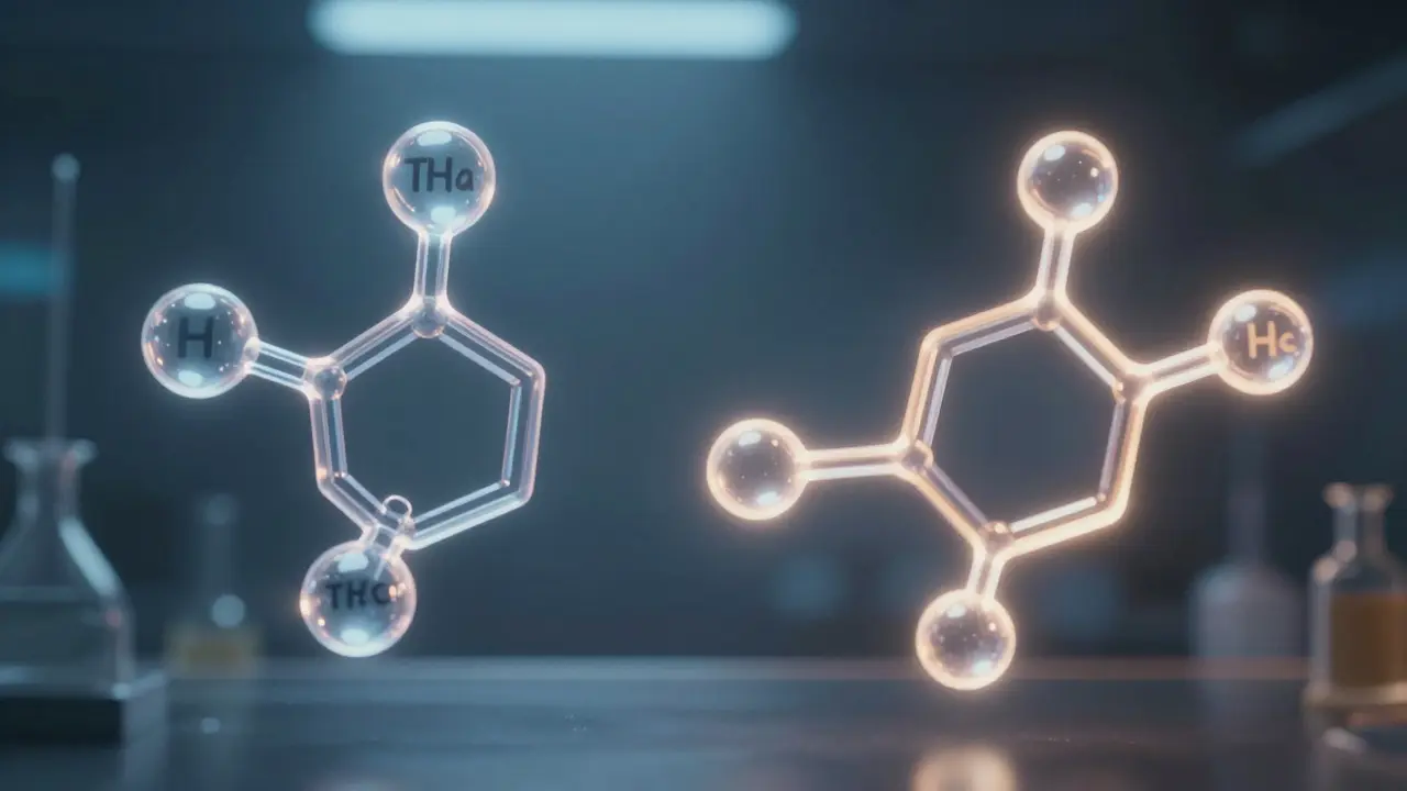 Zwei chemische Molekülstrukturen von THCa und Delta-8-THC nebeneinander, mit unterschiedlicher Atomanordnung.