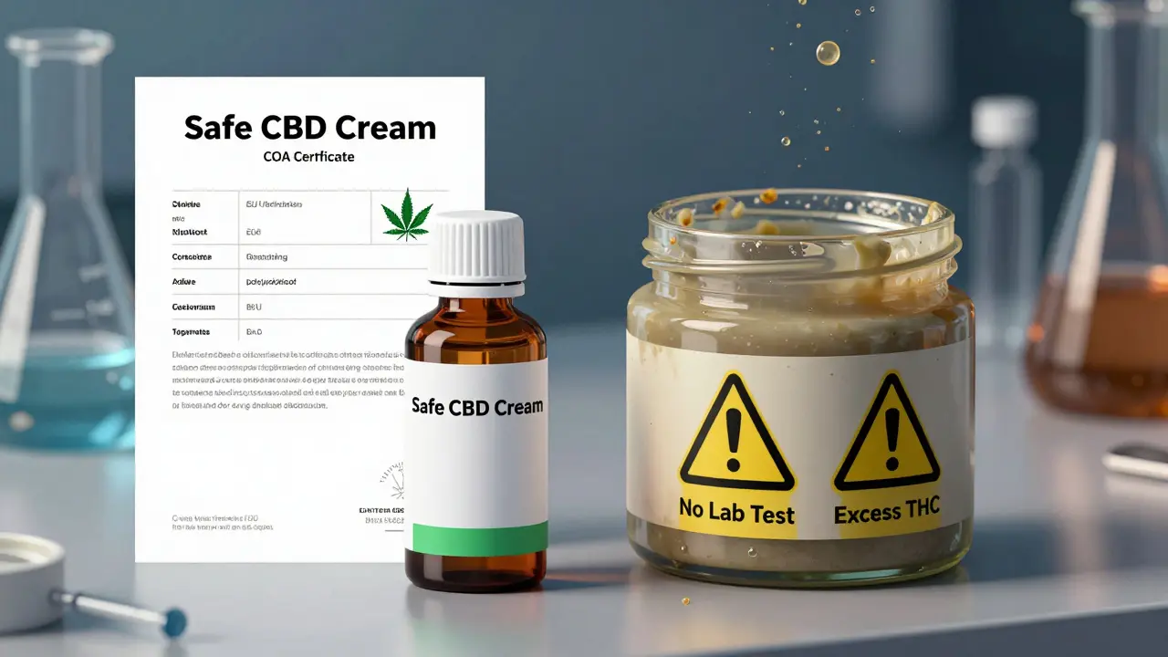 Zwei Gesichtscremes nebeneinander: eine mit klarem Laborzertifikat, die andere mit Warnsymbolen.
