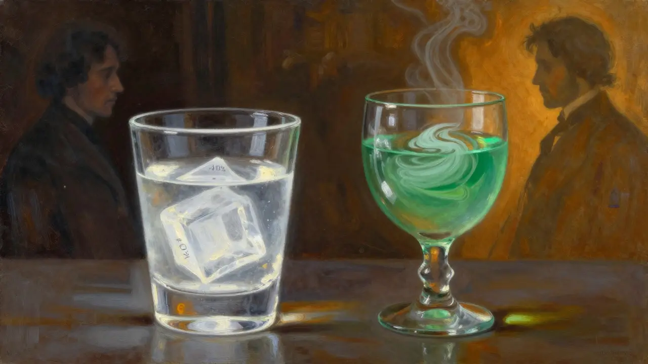 Zwei Gläser nebeneinander: klare Wodka-Flüssigkeit und grüner, trüber Absinth mit warmem Licht.