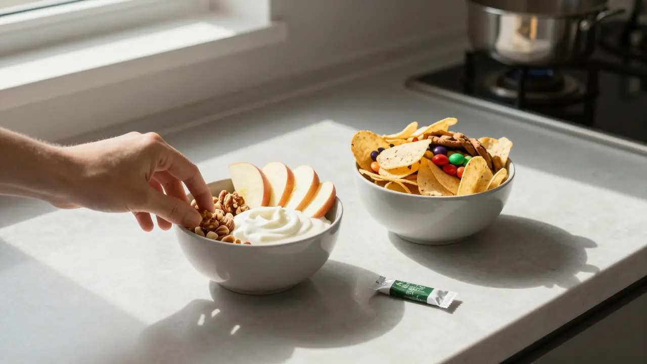 Zwei Schalen mit gesunden und ungesunden Snacks auf der Küchentheke, daneben ein Cannabis-Kaugummi, morgendliches Licht.