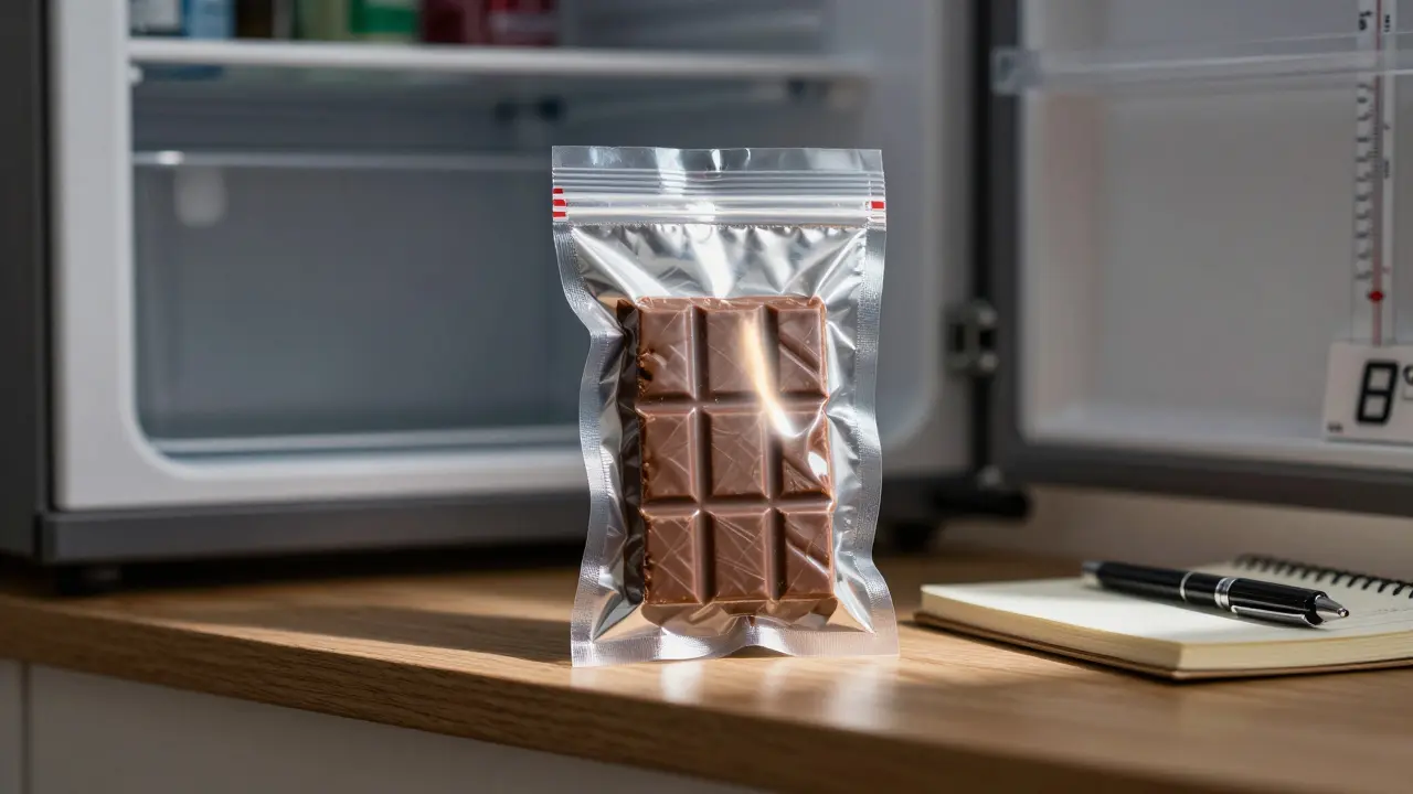 Cannabis-Schokolade in Alufolie und Vakuumbeutel auf Holzregal, mit Notizbuch und Thermometer im Hintergrund.