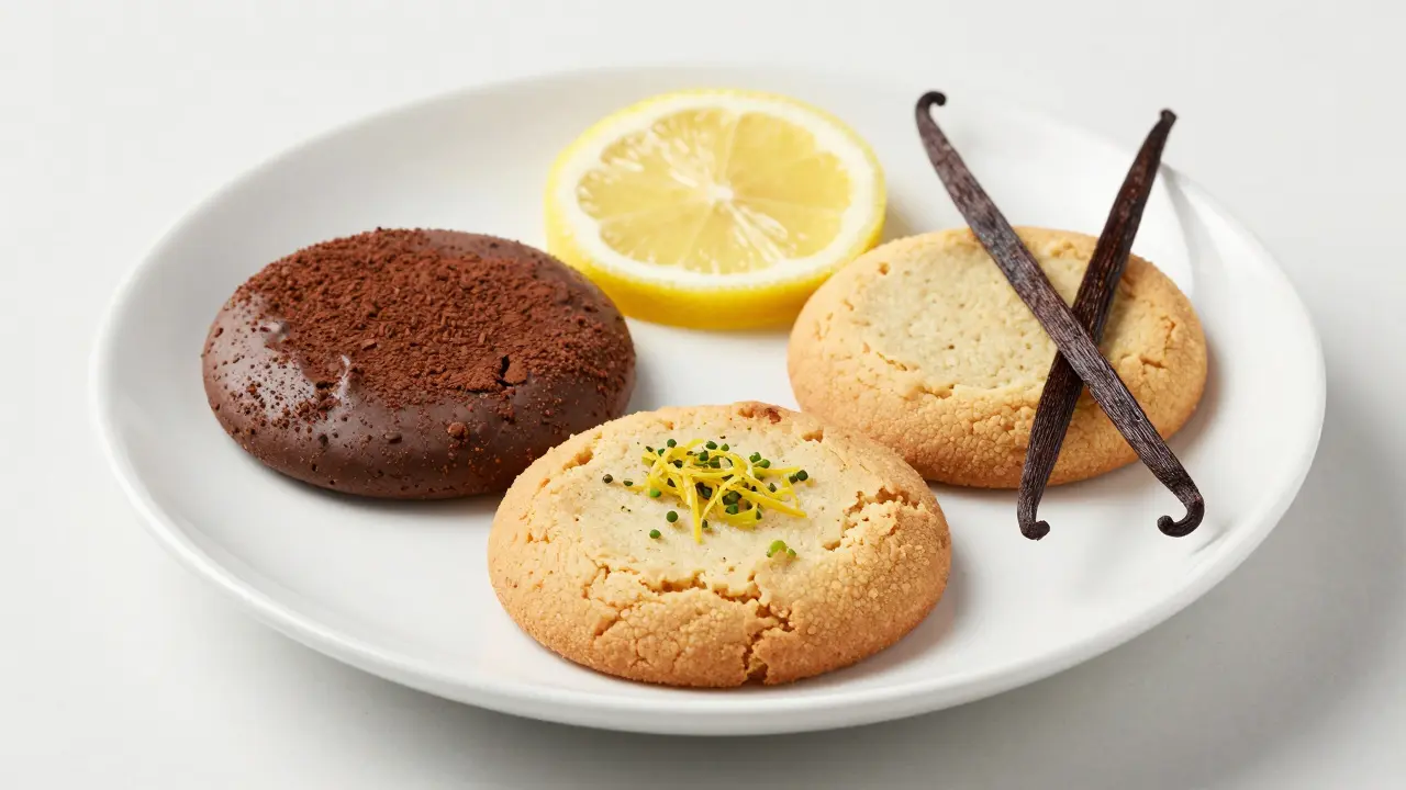 Drei CBD-Kekse: Schokolade, Zitrone, Vanille auf weißem Teller, frische Zutaten.