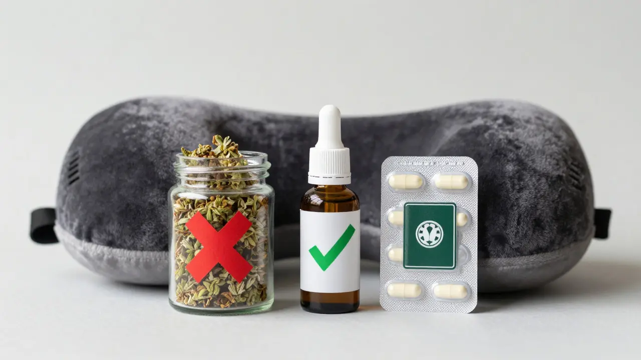 Drei CBD-Produkte: Blüten mit Verbot, Öl und Kapseln als sichere Reisealternativen.