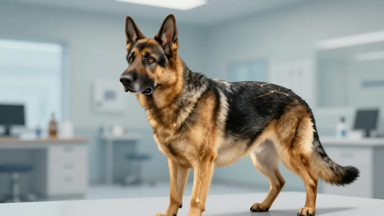 Ein älterer Schäferhund erhebt sich schmerzfrei nach CBD-Einnahme, mit subtiler biologischer Darstellung.