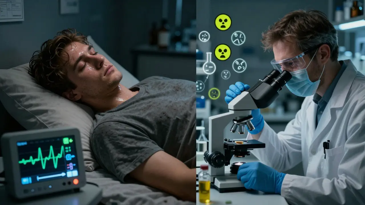 Ein junger Mann mit Herzmonitor links, Laboranalyse von HHC-Öl rechts in düsterem Licht.