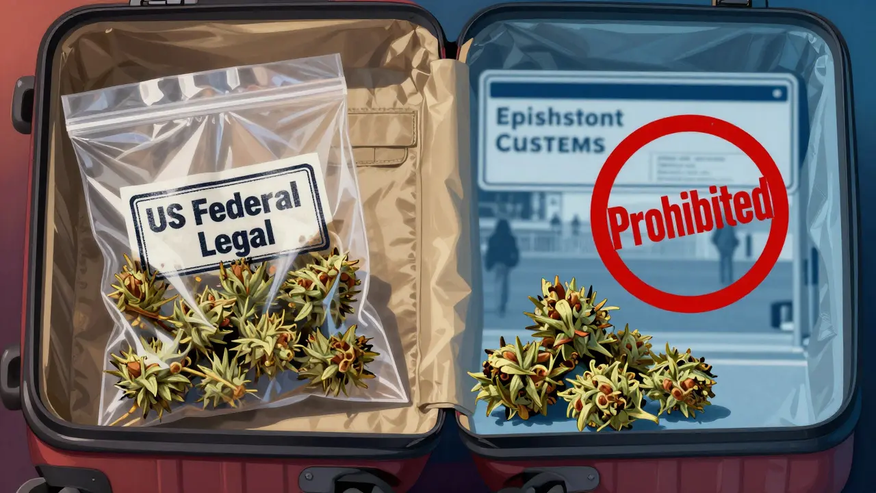 Ein Koffer mit zwei Seiten: eine legal in den USA, die andere verboten in Deutschland.