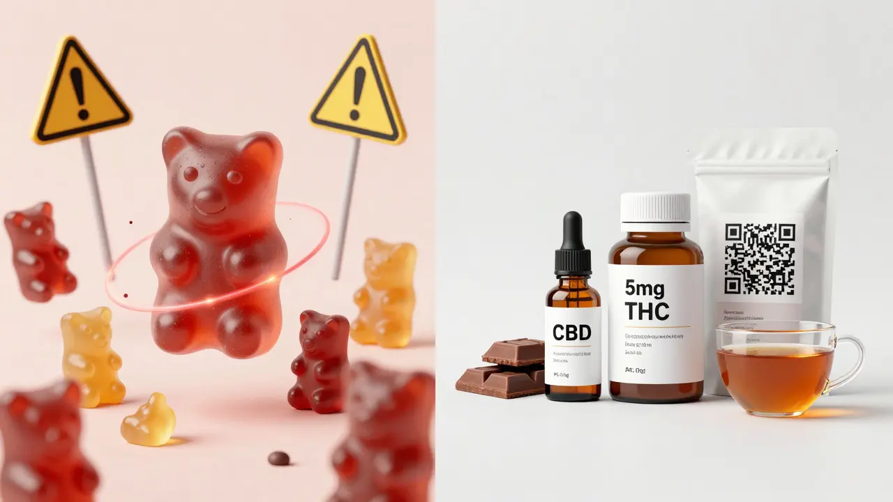 Ein Kontrast: chaotische, übertriebene Gummibärchen links, ruhige, klar gekennzeichnete CBD-Produkte rechts mit QR-Code.