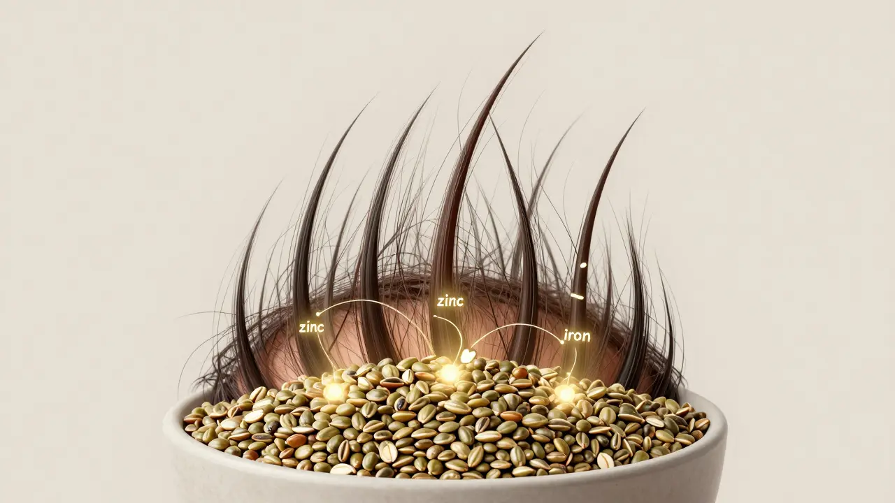 Ein menschlicher Haarfollikel mit Nährstoffen aus Hanfsamen, die das Haarwachstum unterstützen.