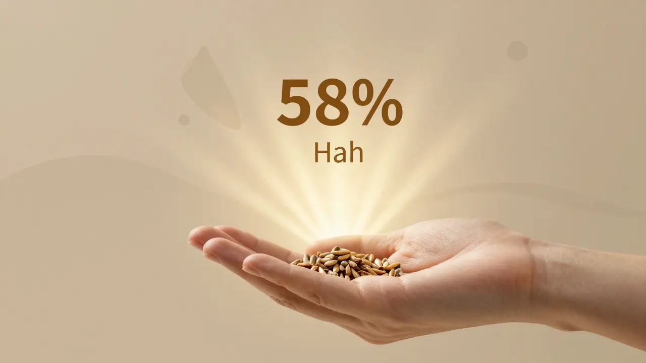 Eine Hand hält ein Reiskorn aus CBD-Harz unter der Zunge, goldenes Licht strahlt sanft aus, symbolisiert Entspannung.