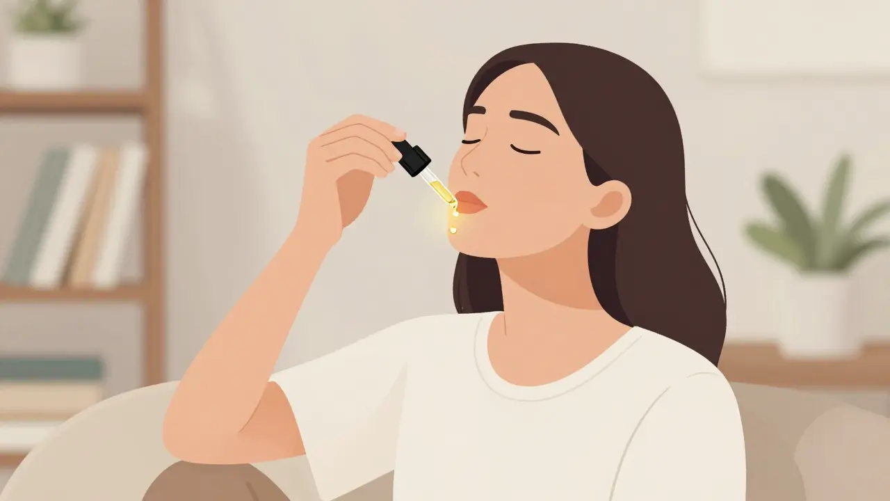 Eine Person lässt CBD-Öl unter der Zunge wirken, goldenes Licht betont die Entspannung, sanfte Umgebung mit Pflanzen.