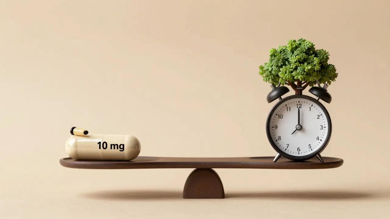 Eine Waage zeigt eine CBD-Kapsel neben Symbolen für Ruhe und Ausgeglichenheit — weniger ist mehr.