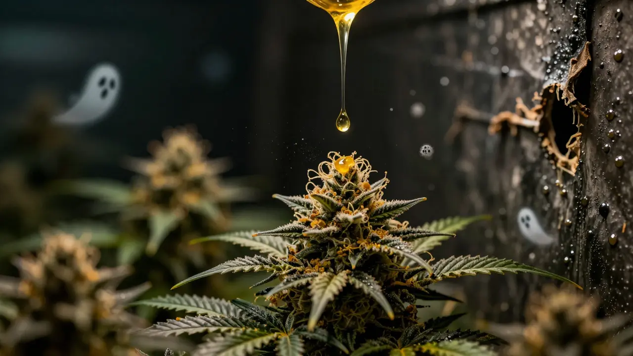 Goldene Nährstofftropfen verwandeln sich in Harz und Terpene bei Cannabisblüten
