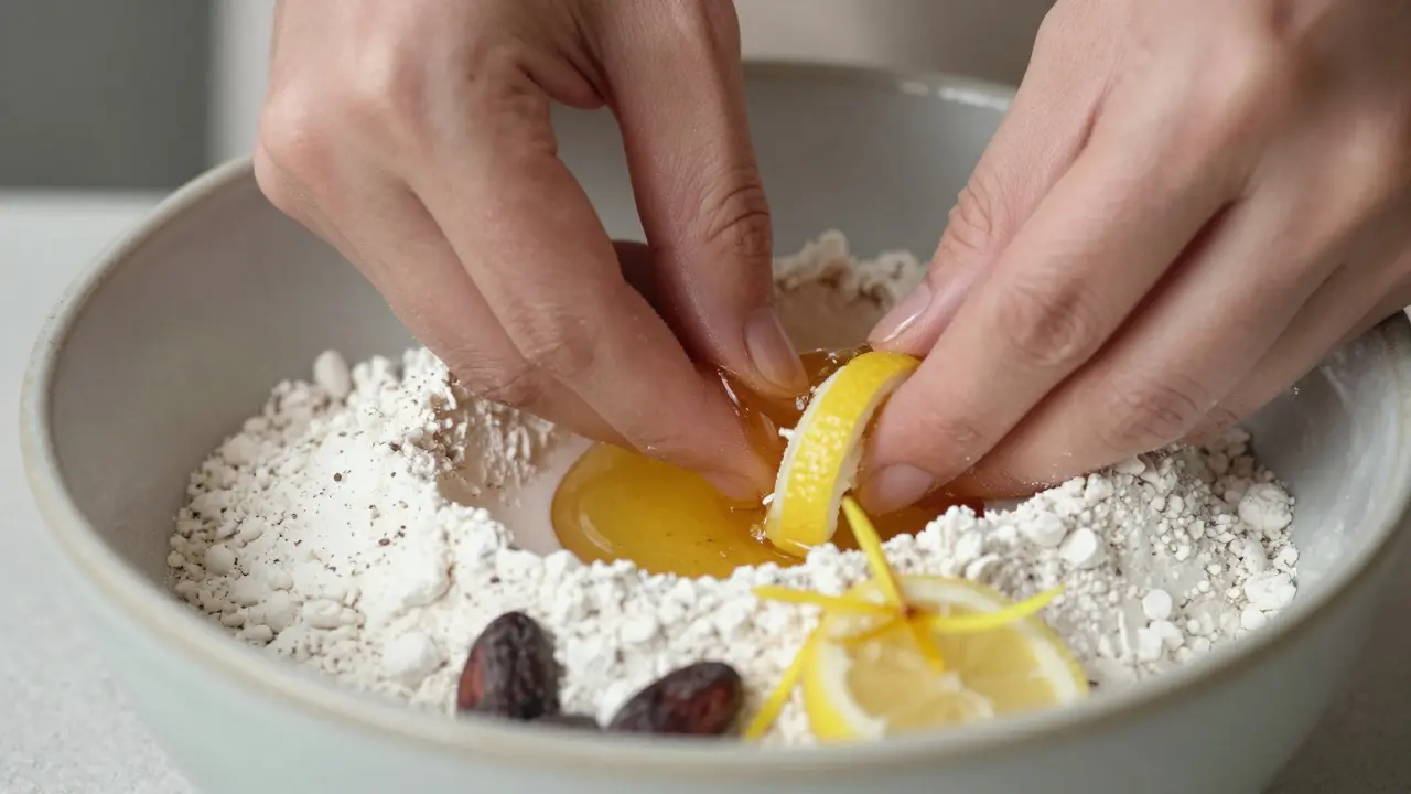 Hände mischen Bio-Zutaten für CBD-Keks, Kakaobohnen und Honig in Schale.