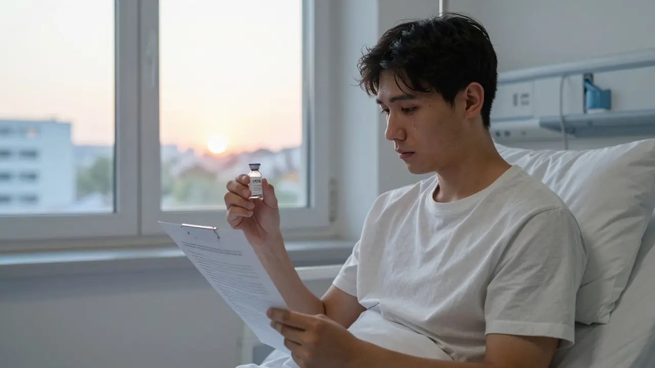 Junge Mann mit CBD-Shatter-Vial und Laborbericht im Krankenhaus, morgendliches Licht.