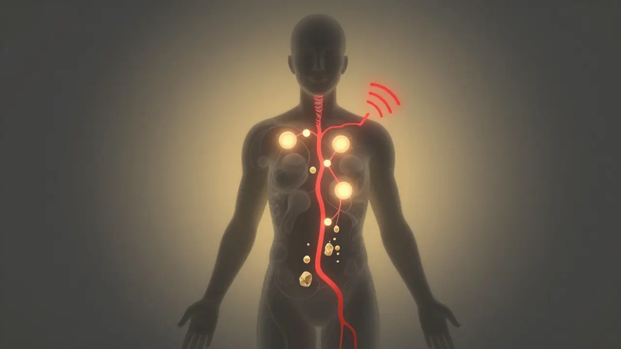 Menschen-Silhouette mit leuchtendem Endocannabinoid-System, Schmerzsignale werden gedämpft.