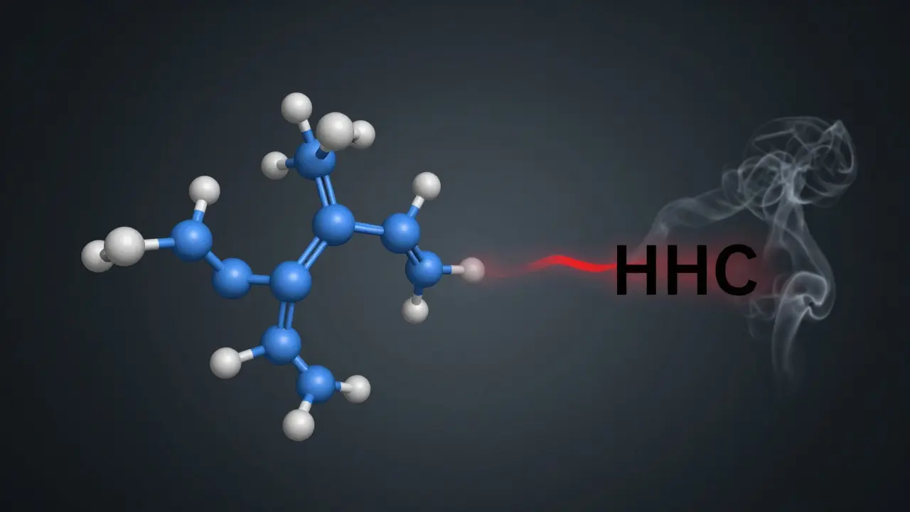Molekülstruktur von HHC neben einem langsamen Rauchschwaden, chemische Bindungen farblich hervorgehoben.
