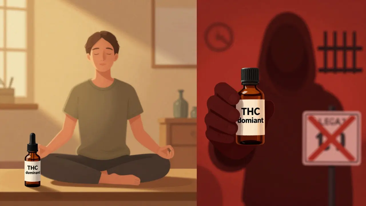 Person in Ruhe mit CBD-Flasche gegenüber verschwommenem THC-Bild