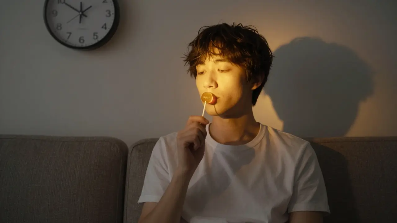 Person mit Cannabis-Lutscher, sanft golden beleuchtet, symbolisiert die verzögerte, aber intensive Wirkung von Edibles.