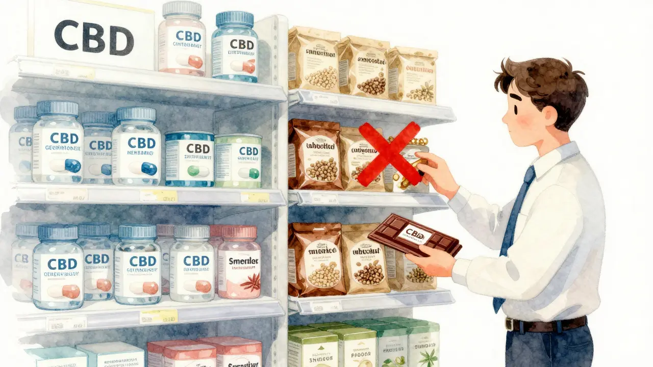 Pharmaregal mit CBD-Kapseln und Supermarktregal mit Hanfsamen, Prüfung durch Behörde.