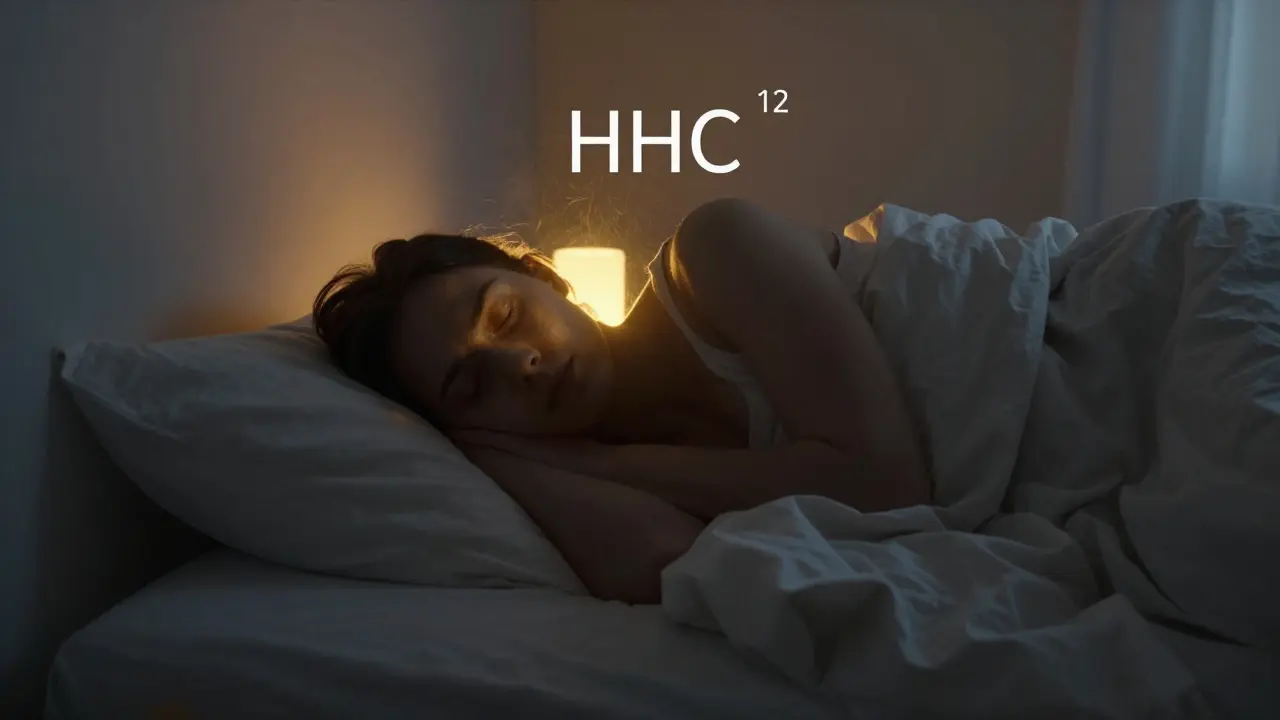 Schlafender Mensch in einem ruhigen Zimmer bei Morgendämmerung, sanfter goldener Schimmer in der Luft.