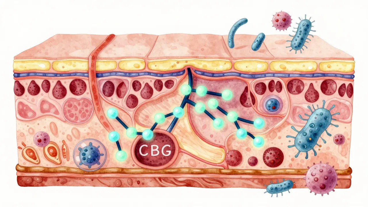 Schnitt durch die Haut mit CBG-Molekülen, die die Lipidbarriere reparieren und Aknebakterien bekämpfen.