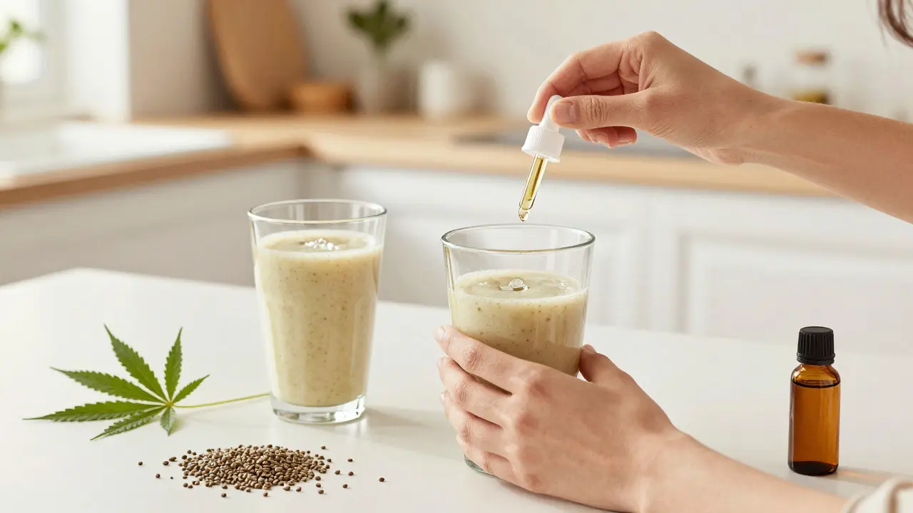 Smoothie mit Hanfsamen und CBD-Öltropfen unter der Zunge.