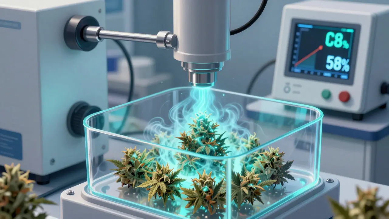 Supercritische CO₂-Extraktionsanlage in einem Labor, mit blau-grünen Dämpfen, die CBD-reiche Hanfblüten reinigen.