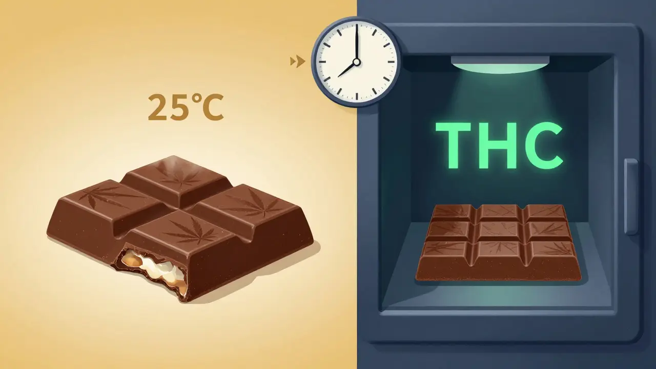 Vergleich: Cannabis-Schokolade bei Raumtemperatur (schmelzend, weiß) vs. gekühlt (intakt, glänzend).
