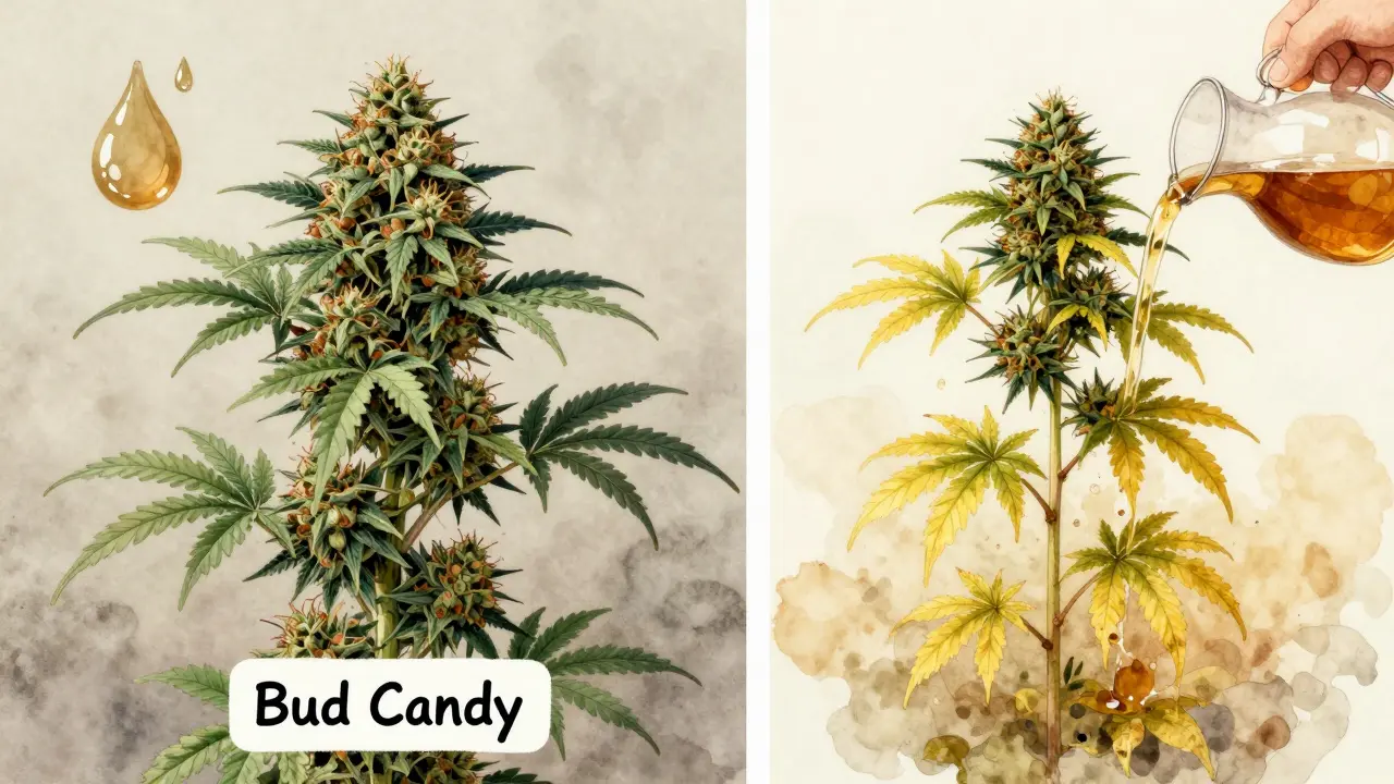 Vergleich: Gesunde Blüten mit Bud Candy vs. geschwächte Pflanze in Wachstumsphase