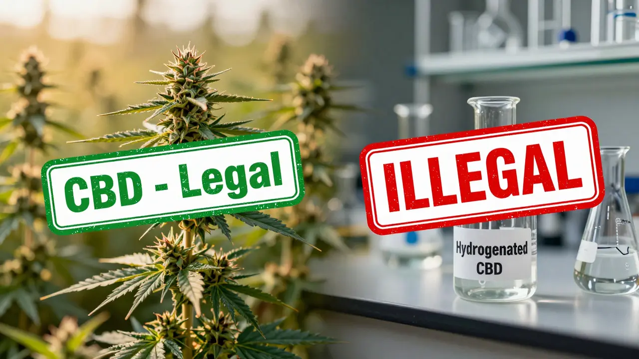 Vergleich: natürliche Hanfpflanze neben laborchemischer Synthese mit klarem Legal-Illegal-Unterschied.