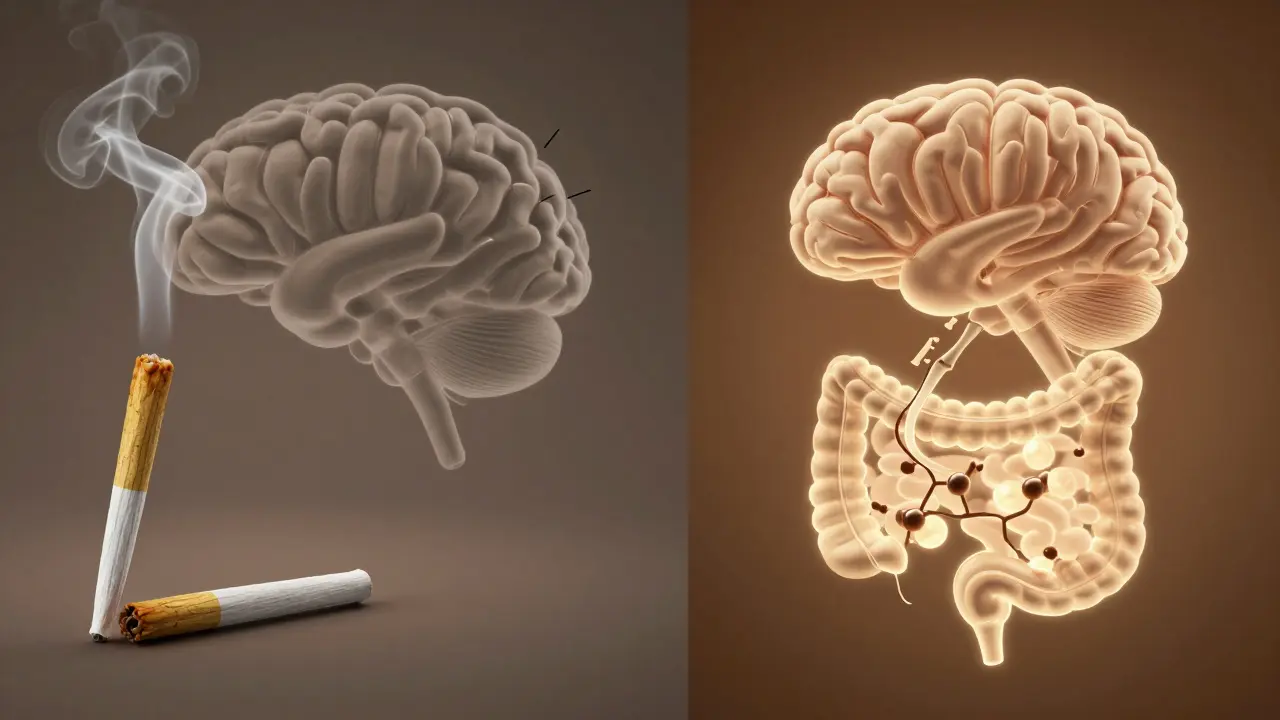 Vergleich: Rauchen (schnell) vs. Lutscher (langsam, aber intensiv) – unterschiedliche Wege von THC zum Gehirn.
