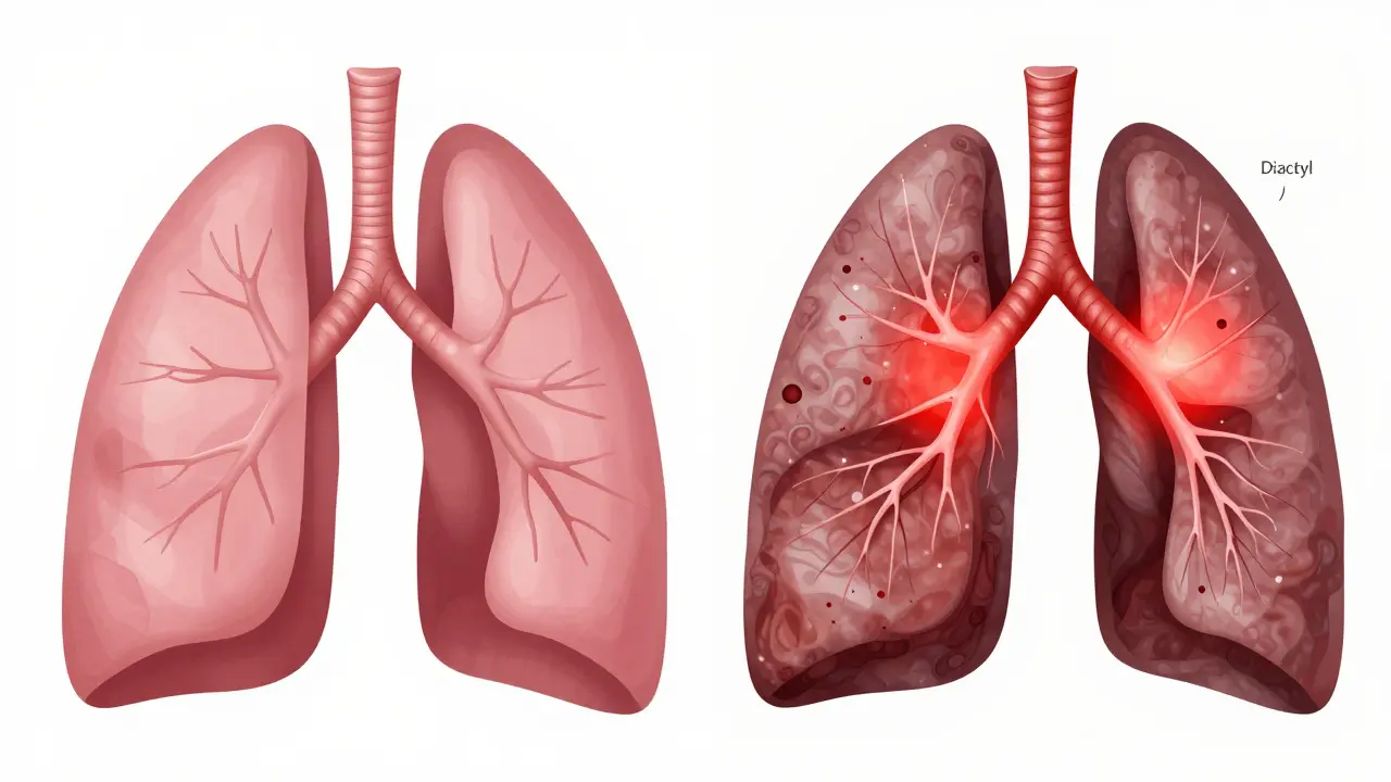 Vergleich von gesunden und geschädigten Lungen mit verengten Atemwegen durch chemische Aromen.