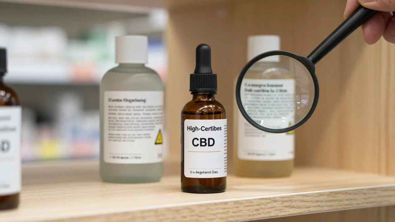 Vergleich von zertifiziertem CBD-Öl und minderwertigen Produkten auf einer Apothekenregal.