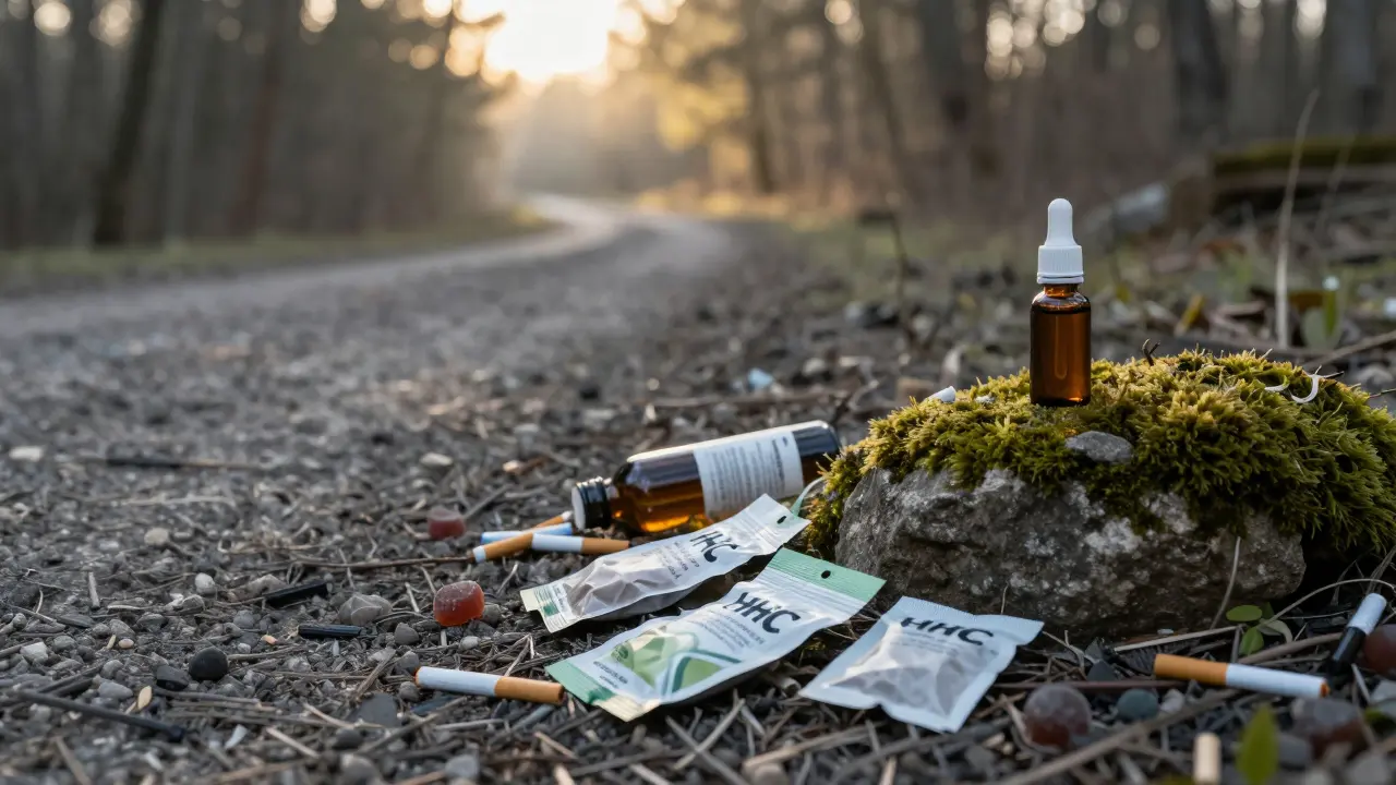 Verworfene HHC-Produkte im Wald, daneben eine CBD-Flasche im morgendlichen Licht.
