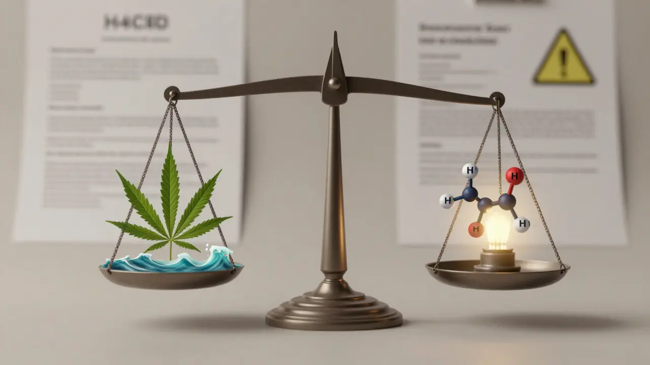 Waage mit CBD-Welle und hydriertem Molekül — Gleichgewicht zwischen zwei unterschiedlichen Cannabinoiden.