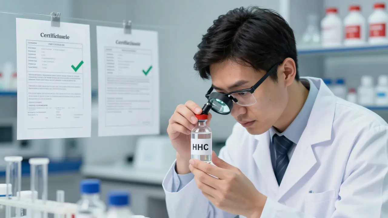 Wissenschaftler prüft HHC-Flasche unter Lupe mit zertifizierten Laborberichten an der Wand.