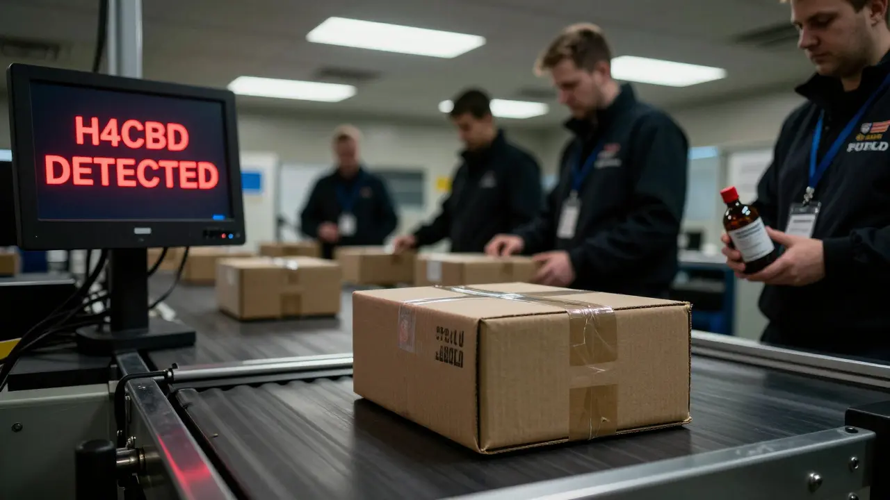Zollkontrolle in Großbritannien mit entdecktem H4CBD-Paket und Warnanzeige auf Bildschirm.