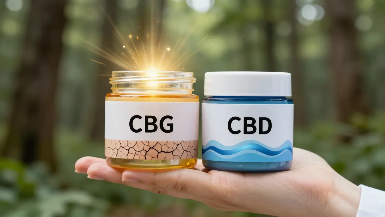 Zwei Cremes nebeneinander: CBG repariert die Hautbarriere, CBD beruhigt Rötungen – symbolisch dargestellt.