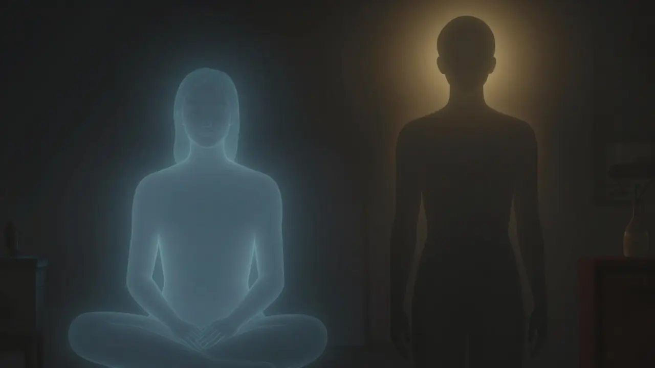 Zwei menschliche Silhouetten, eine in beruhigendem Blau, die andere in sanftem Gold — symbolisch für unterschiedliche Wirkungen.