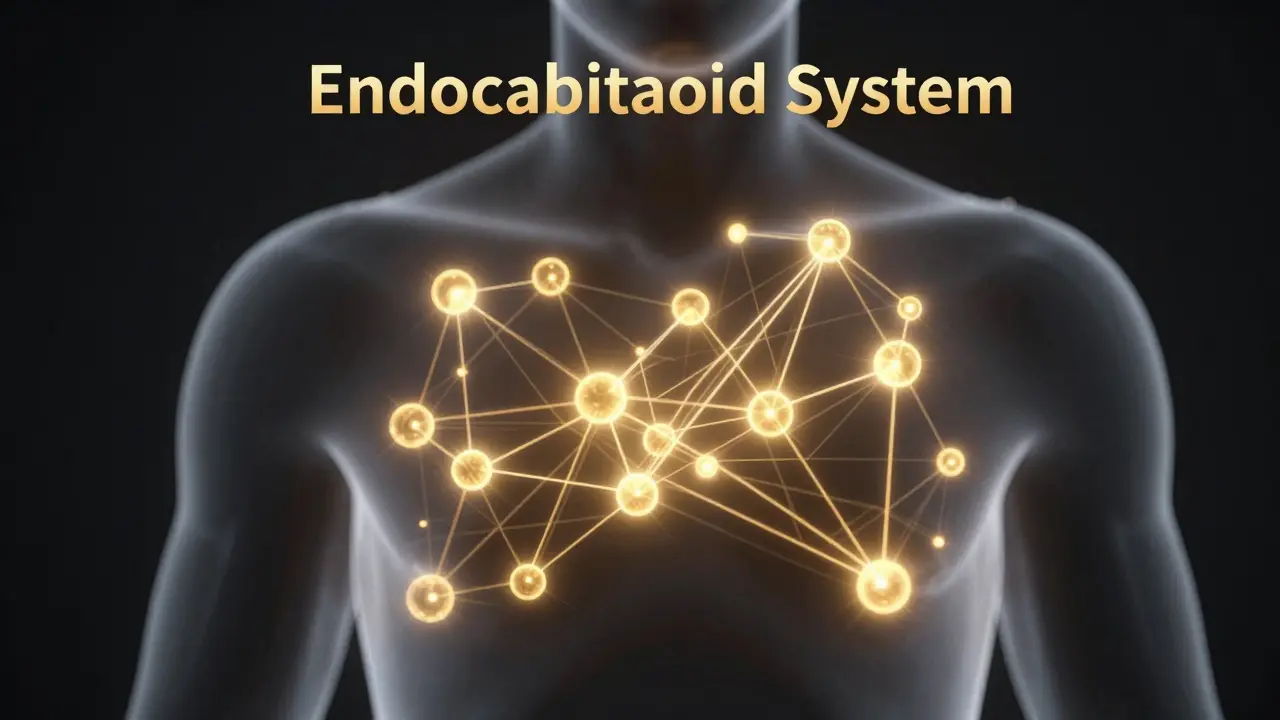 Abstrakte 3D-Darstellung des Endocannabinoid-Systems mit leuchtenden Punkten.
