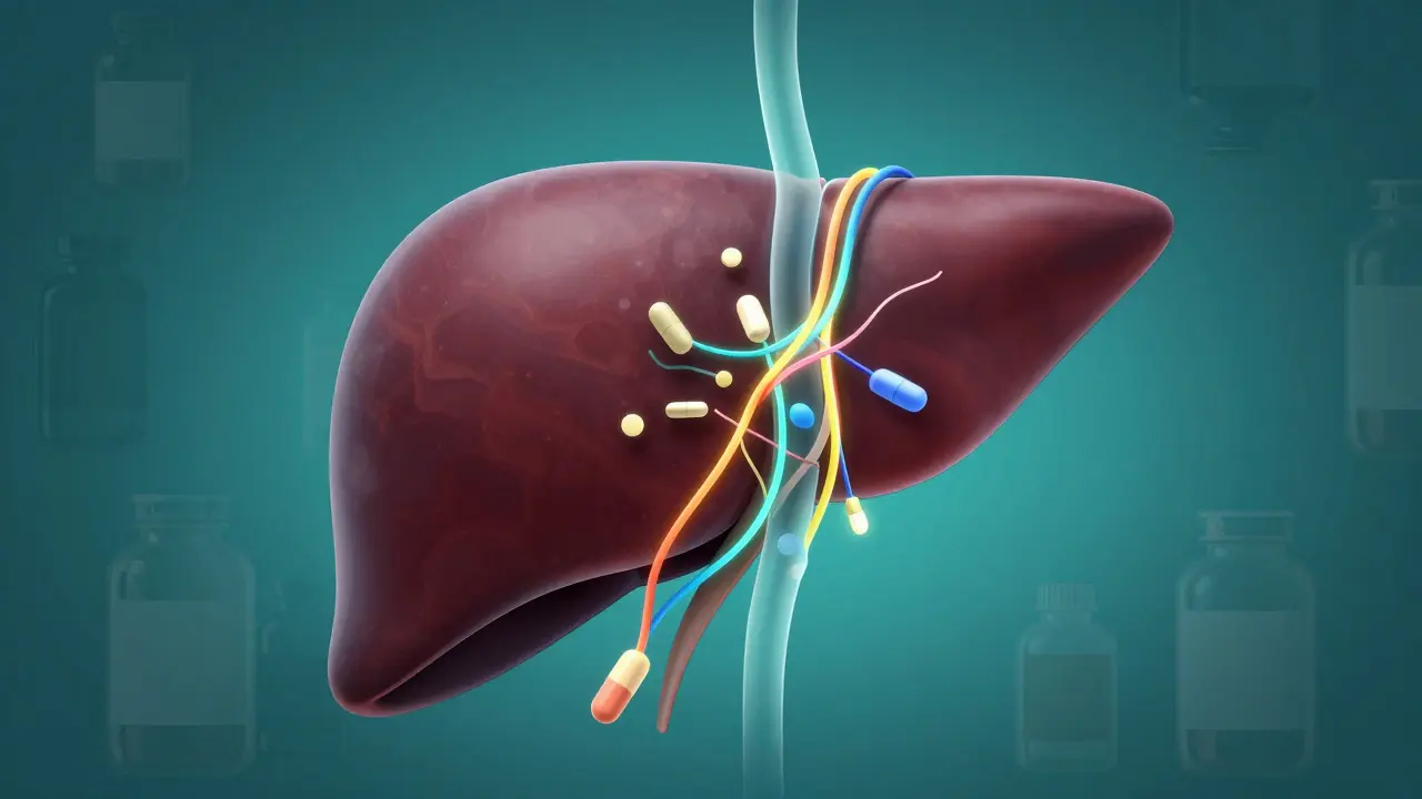 Abstrakte Darstellung der Leber bei Arzneimittelwechselwirkungen mit Medikamenten