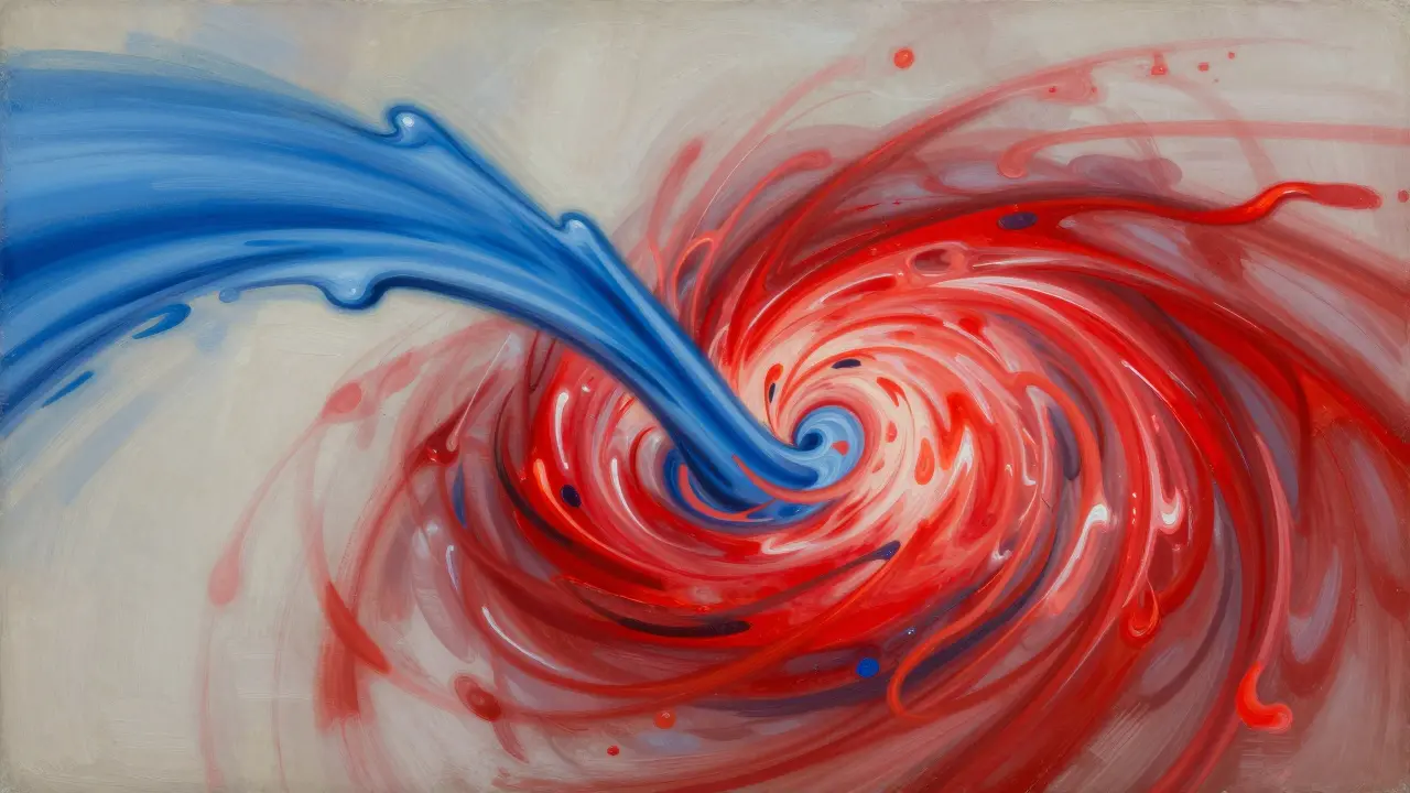 Abstraktes Kunstwerk mit blauem und rotem Fluidum, das sich zu einem Wirbel vereinigt.