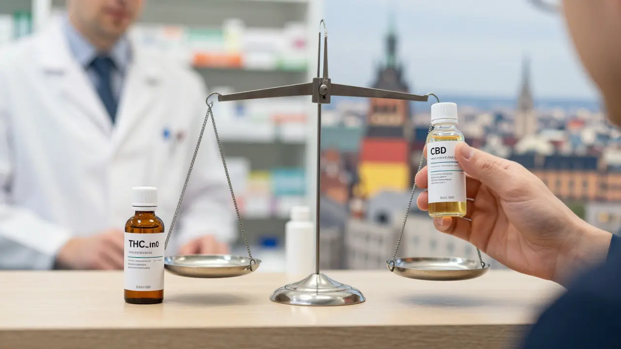 Apotheke mit verschreibungspflichtigem THC-Öl links, CBD-Öl mit Laborzertifikat rechts.