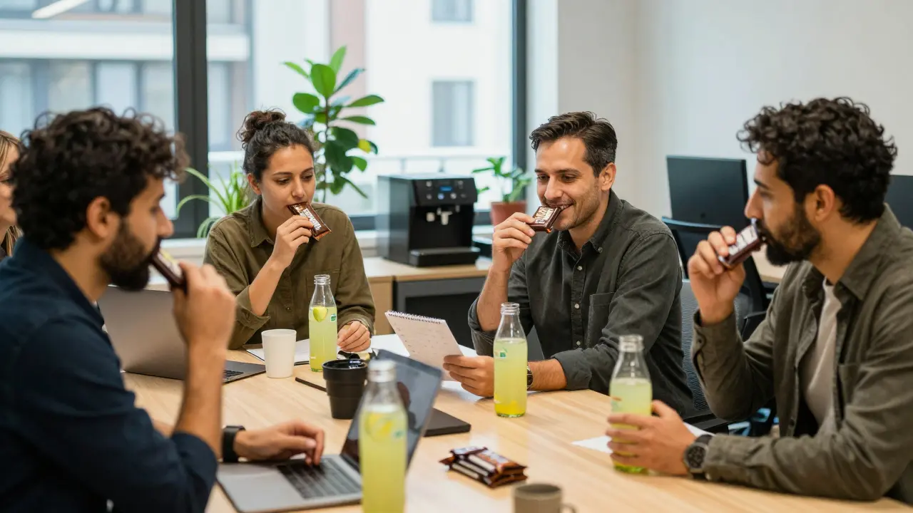 Berufstätige essen CBD-Schokolade und trinken CBD-Limonade im Büro.